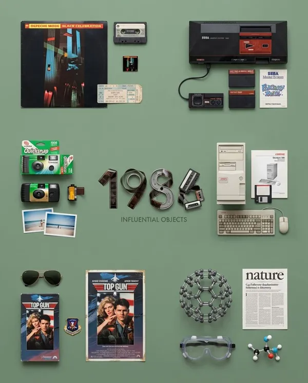 Influential objects and pop culture artifacts from 1984 in flat lay