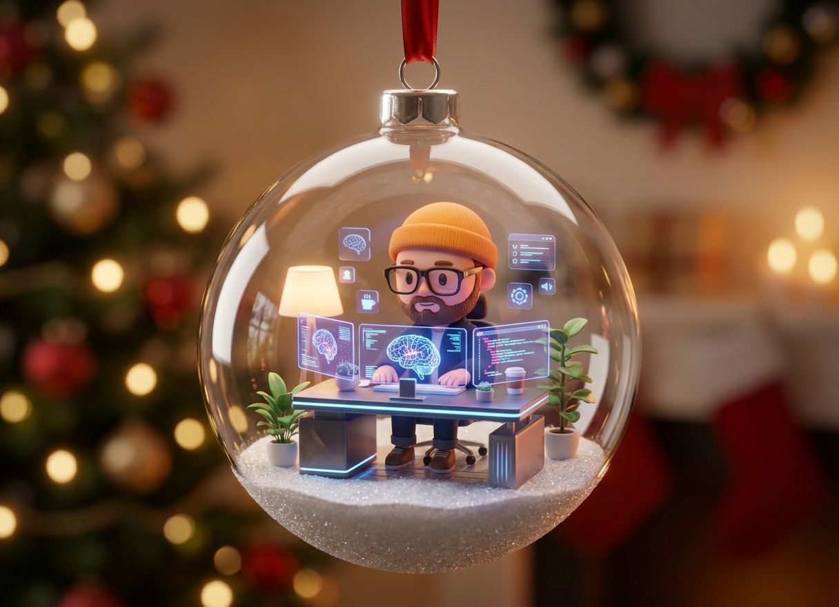 Cozy developer figurine inside a festive Christmas bauble