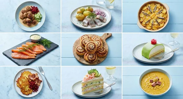 Grid of various delicious Swedish dishes and desserts