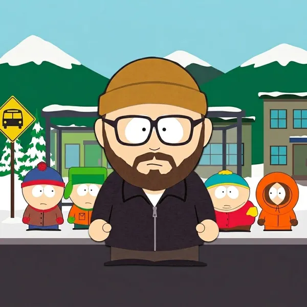 Person rendered as a South Park character in a snowy town