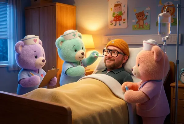 Patient cared for by friendly nurse teddy bears
