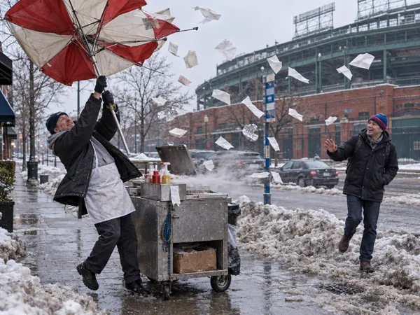 Hot dog vendor struggling with an inverted umbrella in Chicago