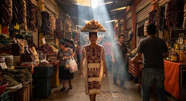 Oaxacan Woman Carrying Chapulines in Market Light