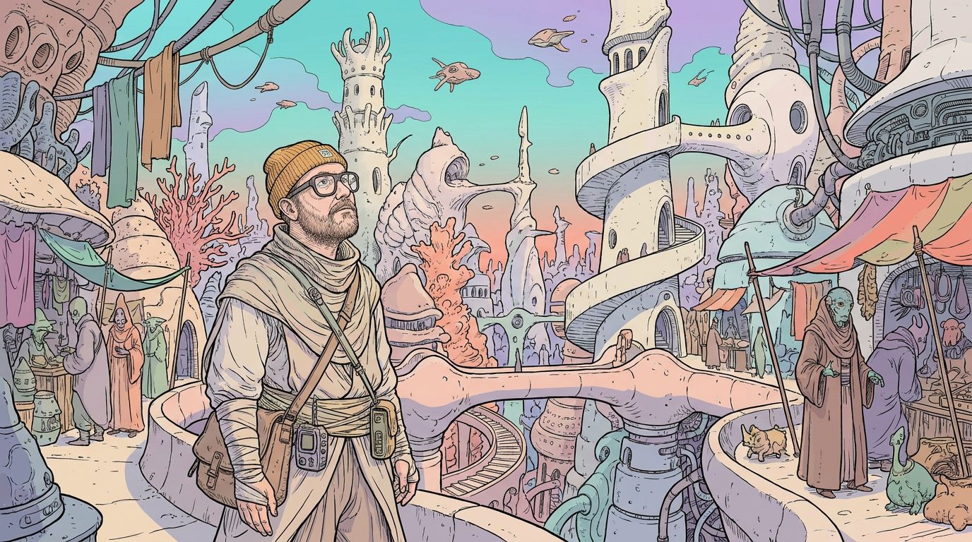 The person drawn by Moebius, standing in a