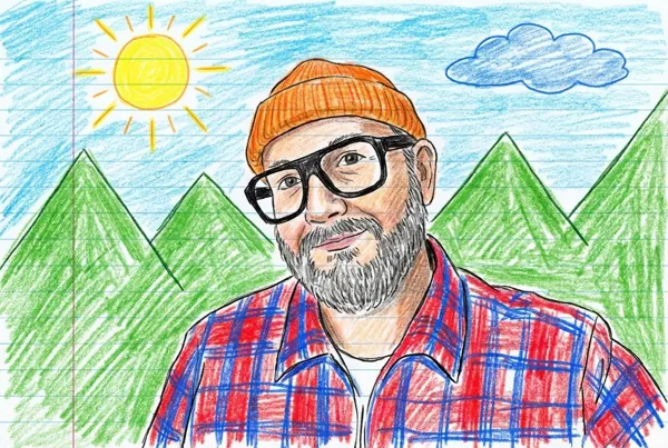 Childlike colored pencil portrait on notebook paper
