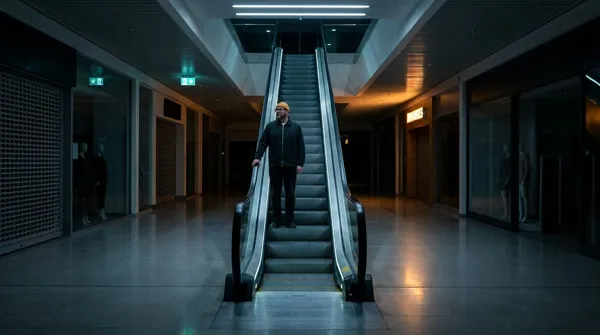 The person alone on an escalator in an