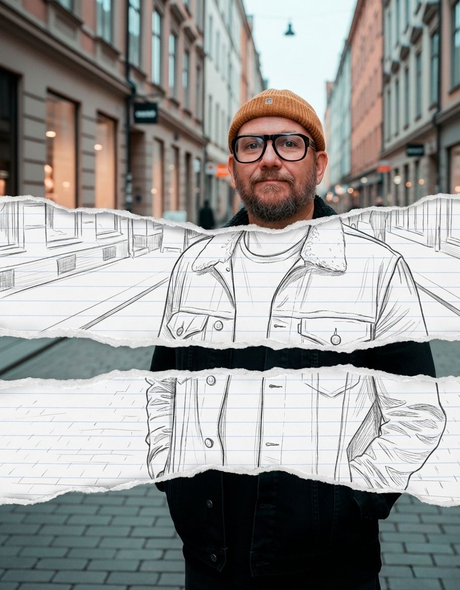 Man with torn paper layer effects revealing line art sketch