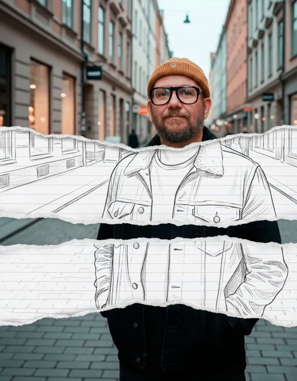Man with torn paper layer effects revealing line art sketch