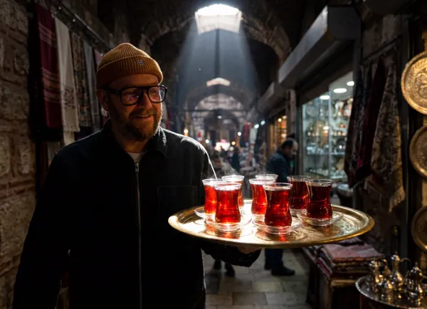 Tea Vendor in a Sunlit Istanbul Passage