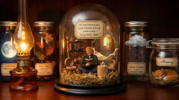 Cozy miniature world inside a vintage glass bell jar