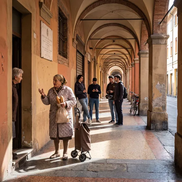 A quiet Sunday morning chat under the Bologna porticos