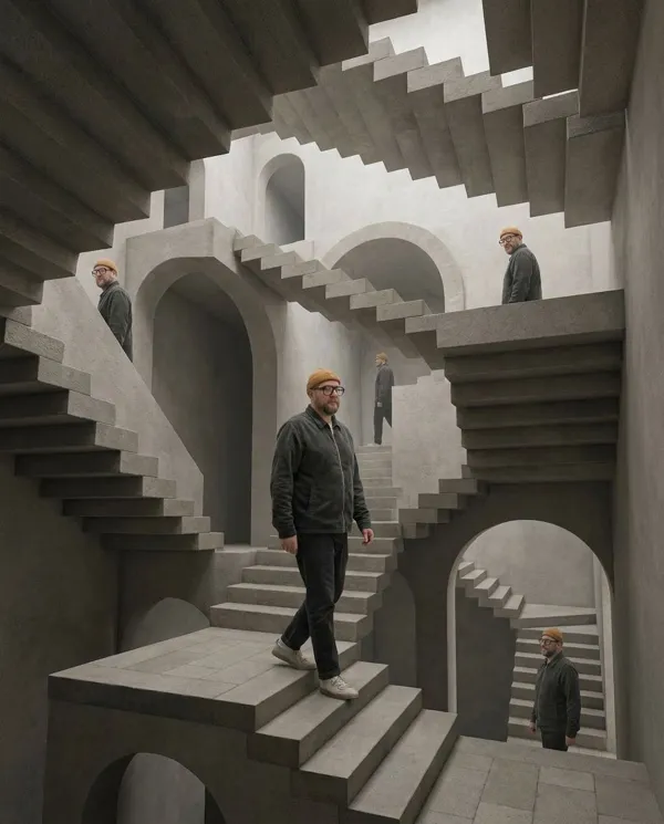 The person inside an impossible Escher staircase
