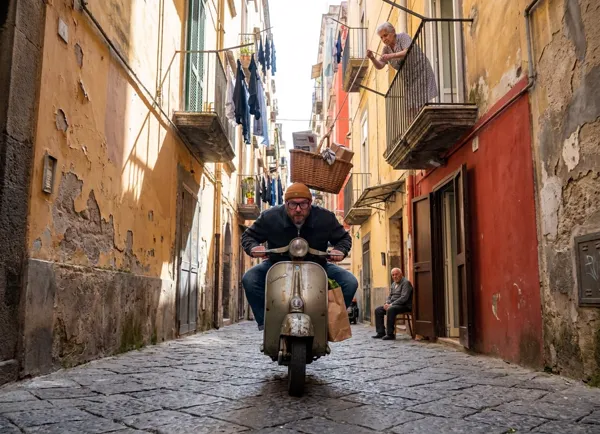 A high-speed moment captured in a narrow Naples alley