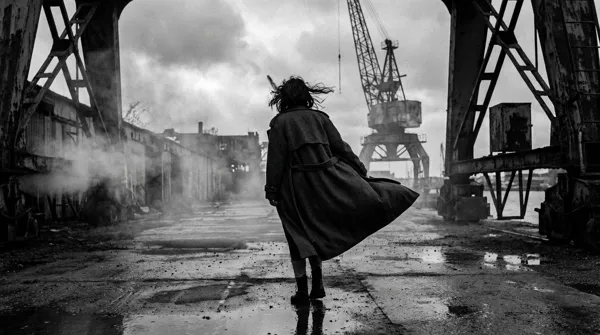 Solitary woman standing in a decaying industrial harbor