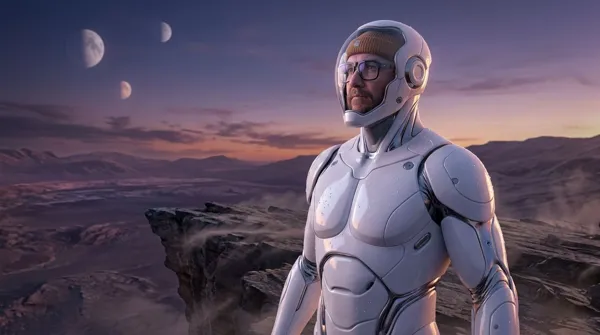 The person as white bio-mechanical humanoid in dramatic
