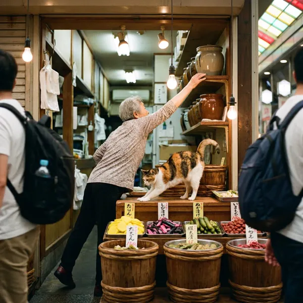 A synchronized stretch in a Kyoto pickle stall