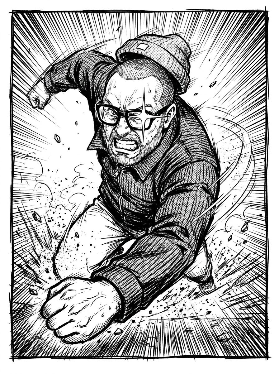 The person mid-action in a dramatic manga panel