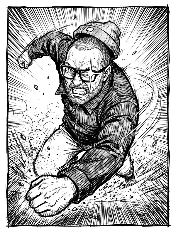 The person mid-action in a dramatic manga panel