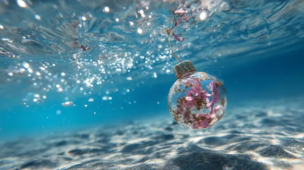 Glass Christmas ornament filled with pink petals underwater