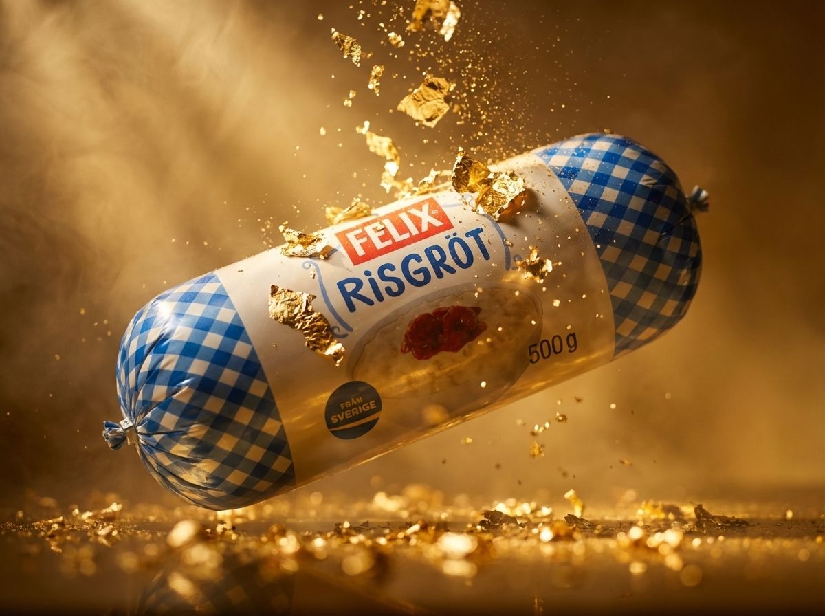Luxurious Swedish rice pudding floating in golden dust