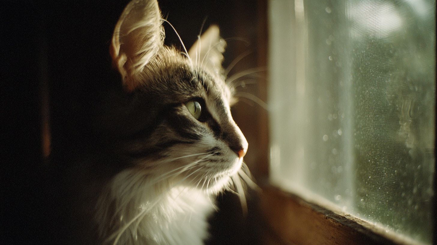 Contemplative cat gazing through a sunlit window