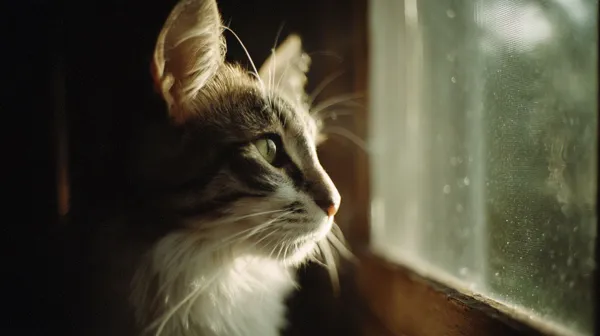 Cat gazing thoughtfully out a sunlit window