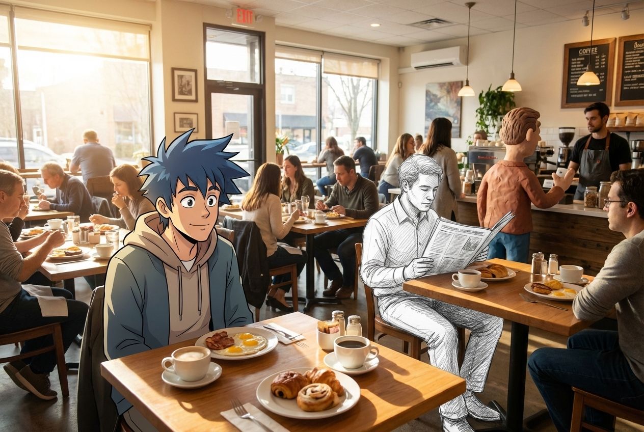 Diverse art styles coexist naturally in a sunny cafe