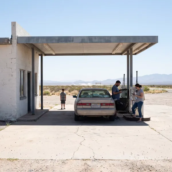 A family stopped at a remote desert gas station under the midday sun