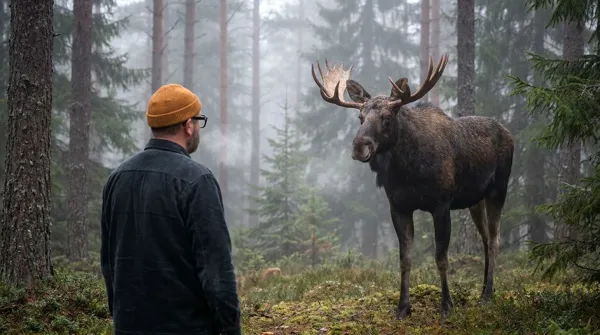 The person and a large Nordic moose stopping