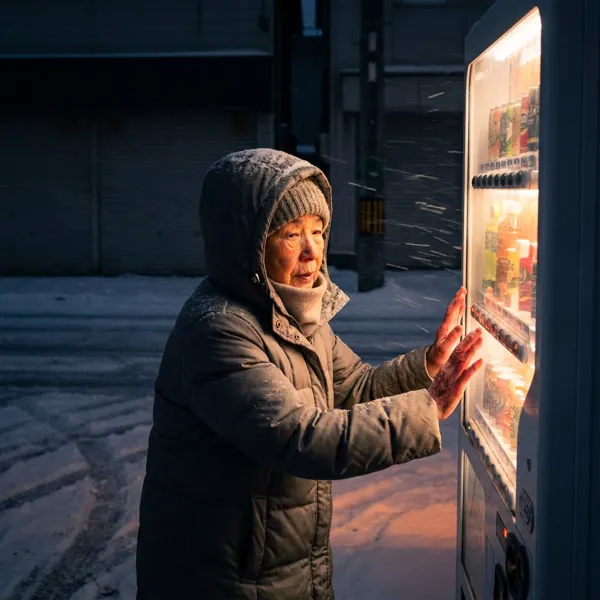 Elderly woman warming her hands on a vending machine in a snowstorm