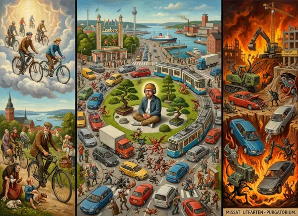 Hieronymus Bosch style triptych depicting Gothenburg traffic chaos