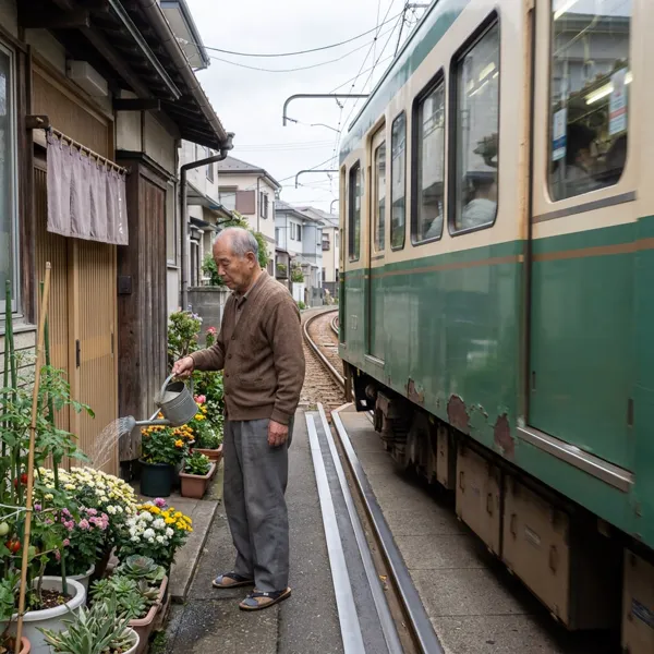 An elderly man watering plants as a tram passes close by