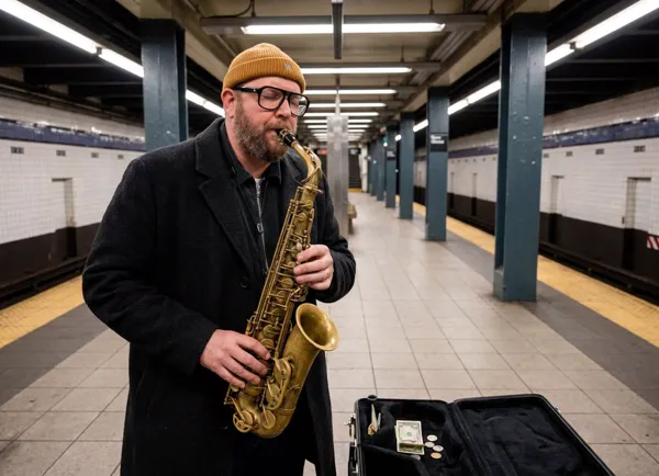 Lonely Saxophone Player on a Deserted Subway Platform