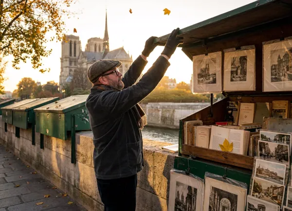 An elderly bouquiniste closing his stall along the Seine in Paris