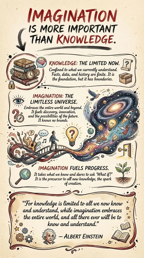 Hand-drawn infographic exploring imagination versus knowledge