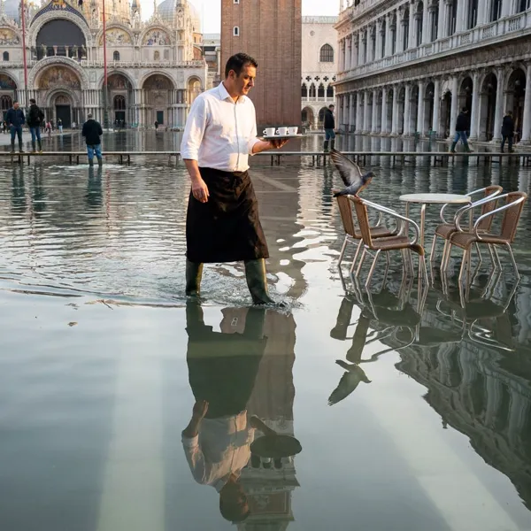 Waiter navigating the flooded Piazza San Marco