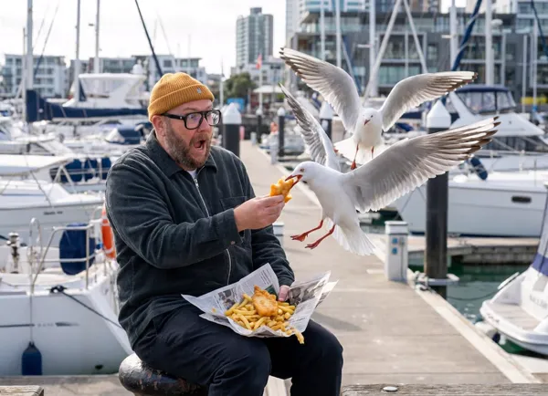 A seagull steals food from a surprised man