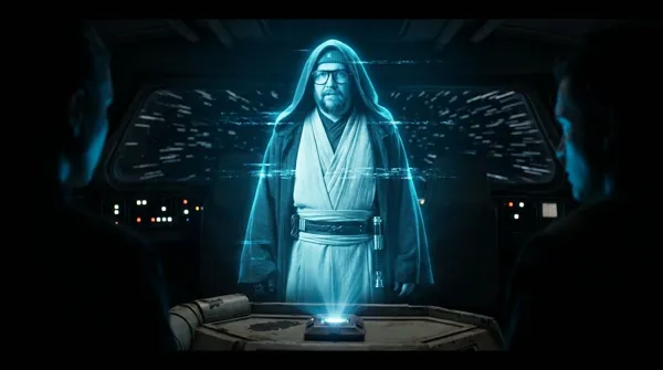 The person as flickering hologram aboard spaceship. Jedi