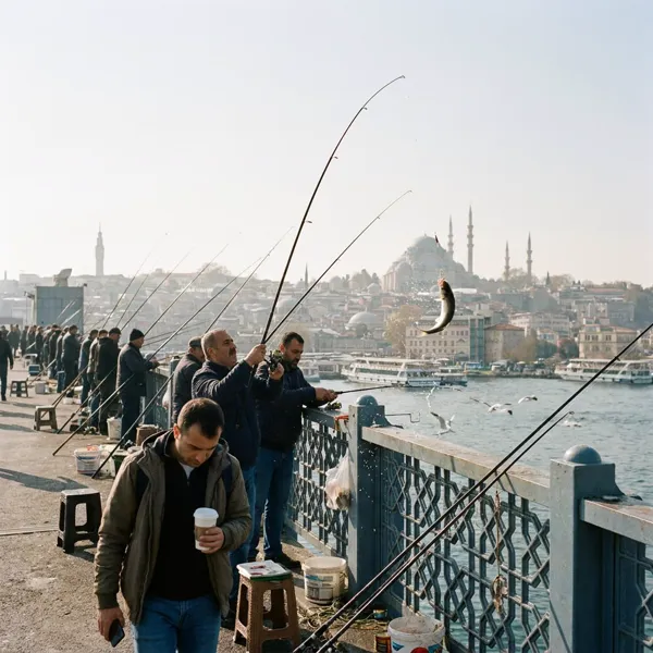 Fisherman catching fish on Galata Bridge in Istanbul
