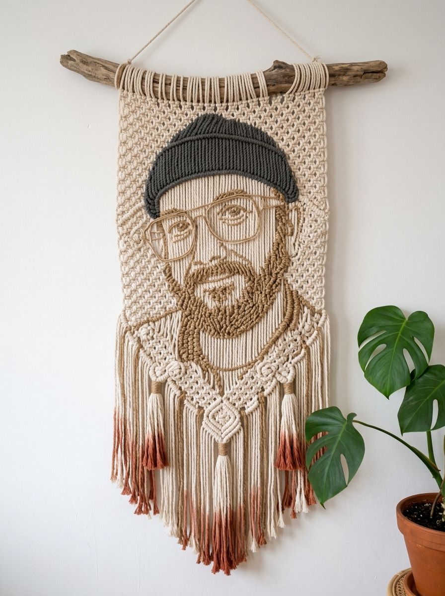 The person as a macramé wall hanging portrait