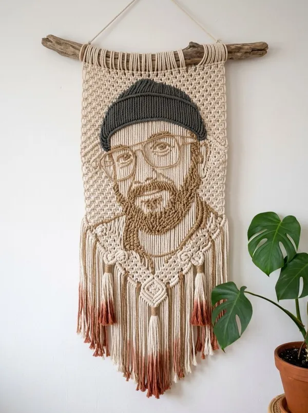 The person as a macramé wall hanging portrait