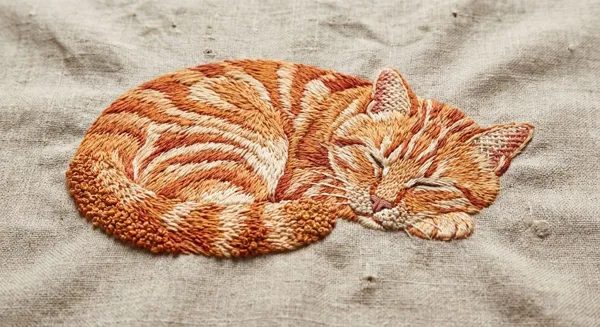 Detailed orange tabby cat embroidered on linen fabric