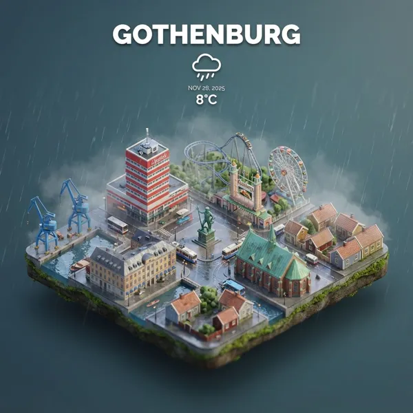Miniature isometric diorama of Gothenburg in the rain