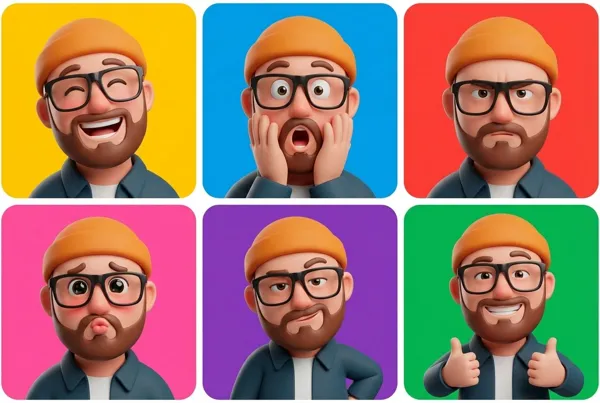 Stylized 3D character sheet showing diverse facial expressions