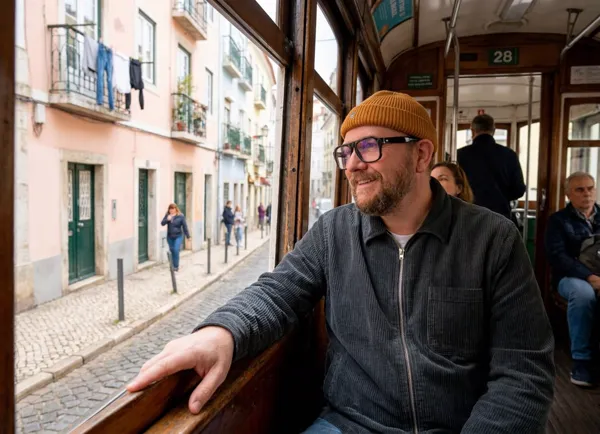 Historic tram navigating narrow Lisbon alleyways with hanging laundry