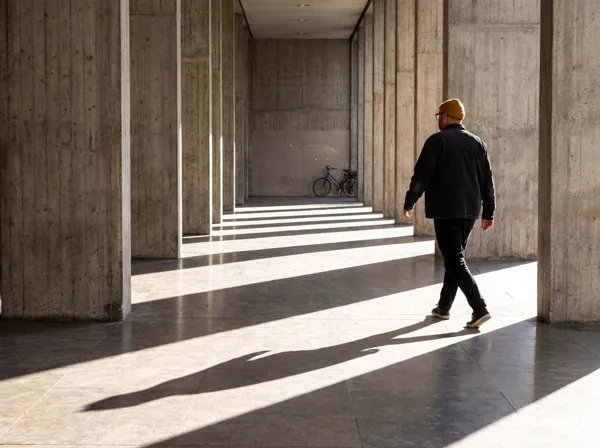 Lone figure walking through brutalist concrete colonnade shadows