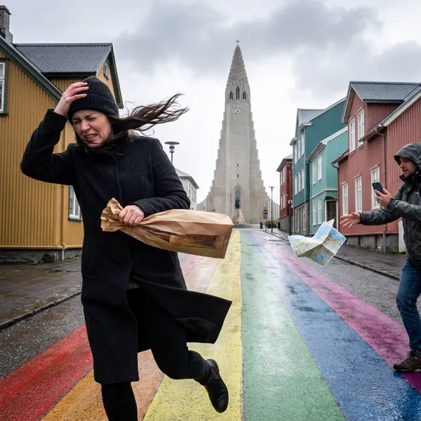 A windy afternoon on Skólavörðustígur in Reykjavík