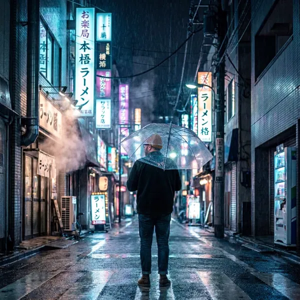 Rain-soaked Tokyo street glowing with neon lights at night