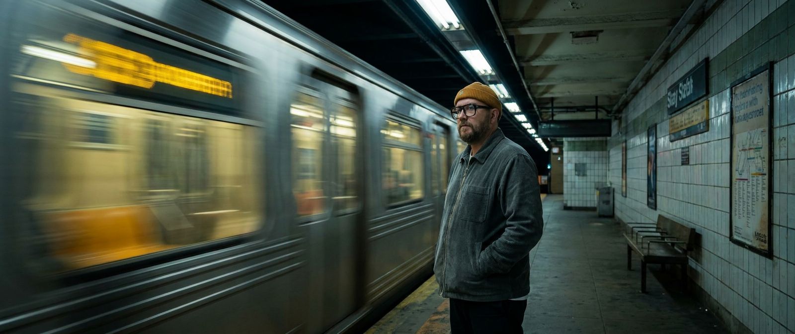 The person alone on a subway platform late