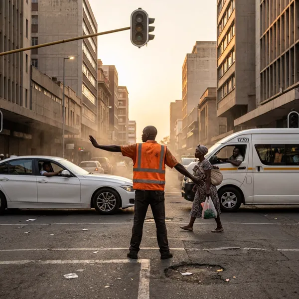 Informal traffic director managing a blackout in Johannesburg